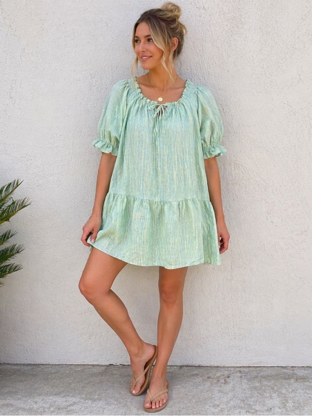 Handmade 100% Linen Mint Green Stripe Dress/Tunic